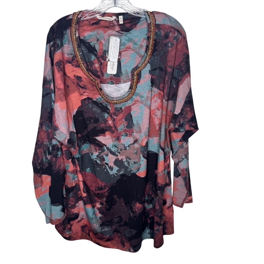 Soft Surroundings Women 1X Java Marble Print Tunic Beaded Neckline Artsy Boho - Picture 1 of 9